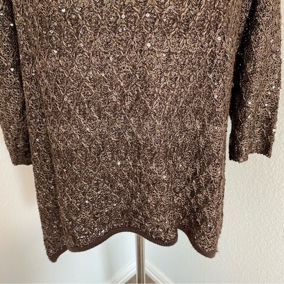 Nicole Alexander Sequin V Neck Lightweight Basket Weave Knit Sweater Brown SZ XL - Picture 3 of 7